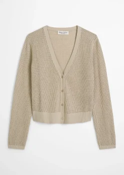 Ajour-Cardigan regular aus Baumwolle-Leinen-Slub-Garn