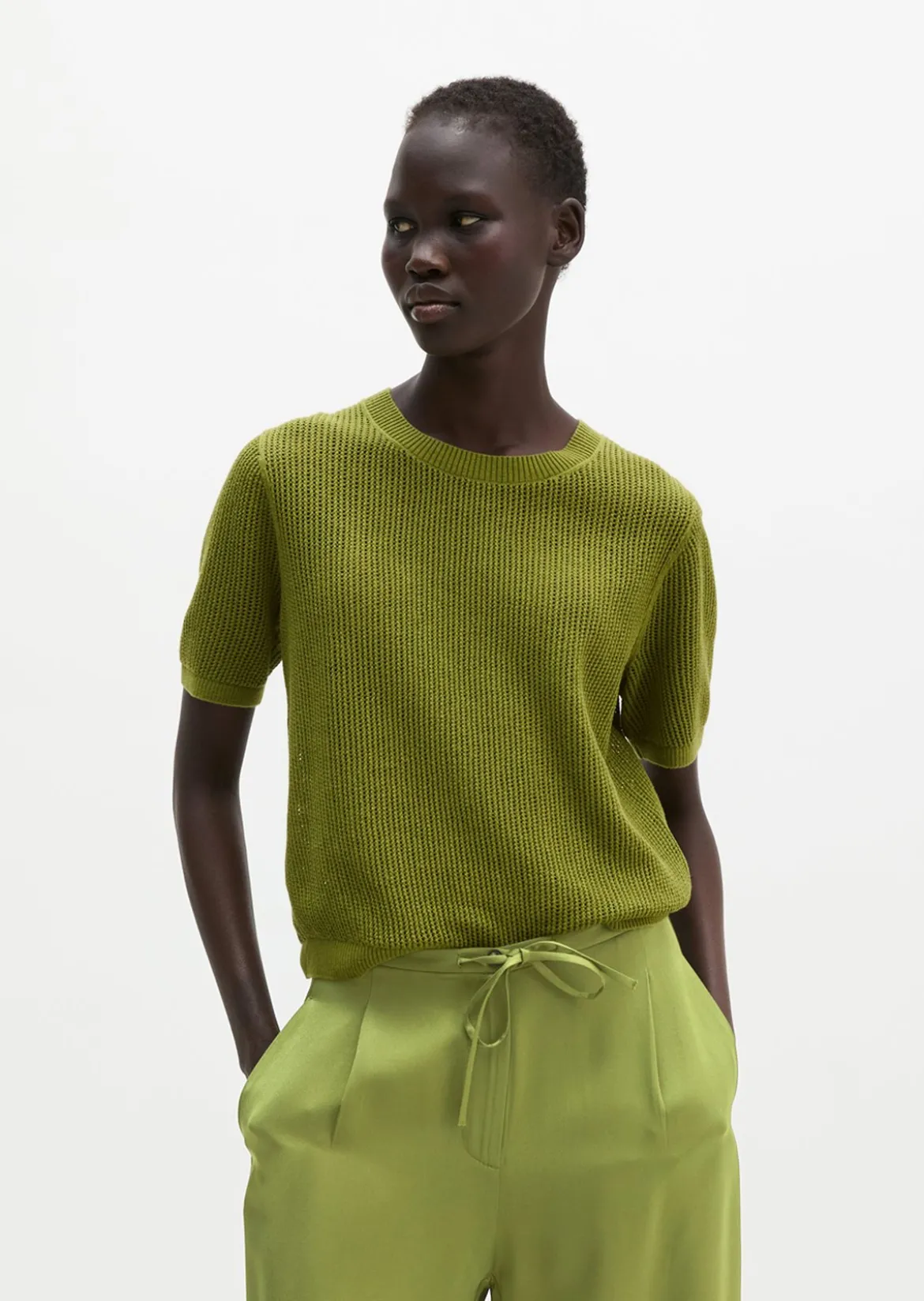 Ajour-Pullover regular aus Baumwolle-Leinen-Slub-Garn