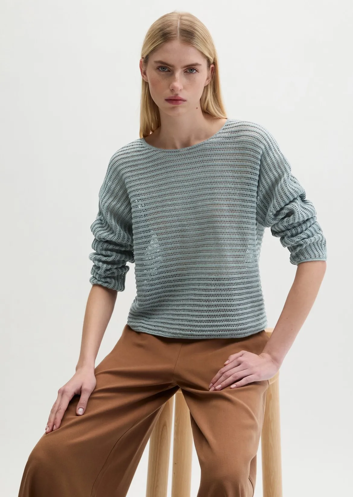 Ajour-Pullover relaxed aus Bio-Baumwolle-Leinen-Mix