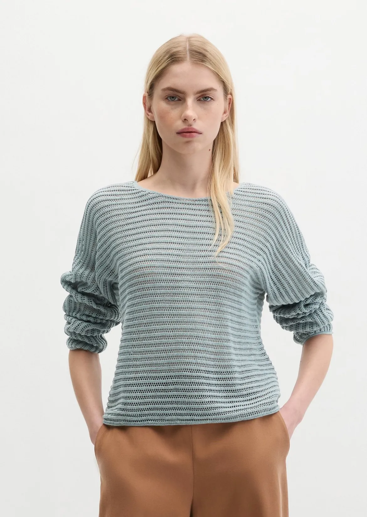 Ajour-Pullover relaxed aus Bio-Baumwolle-Leinen-Mix