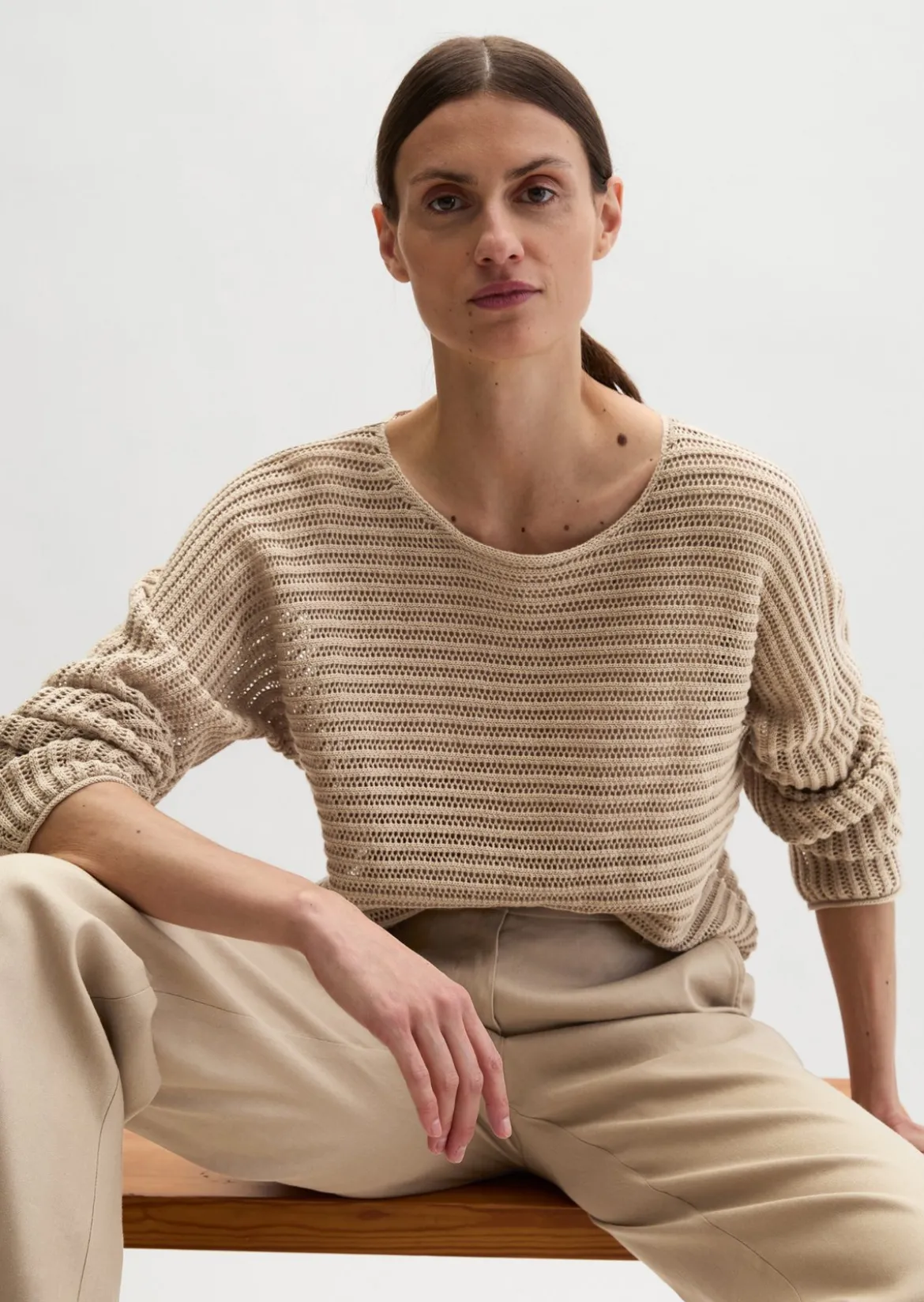 Ajour-Pullover relaxed aus Bio-Baumwolle-Leinen-Mix