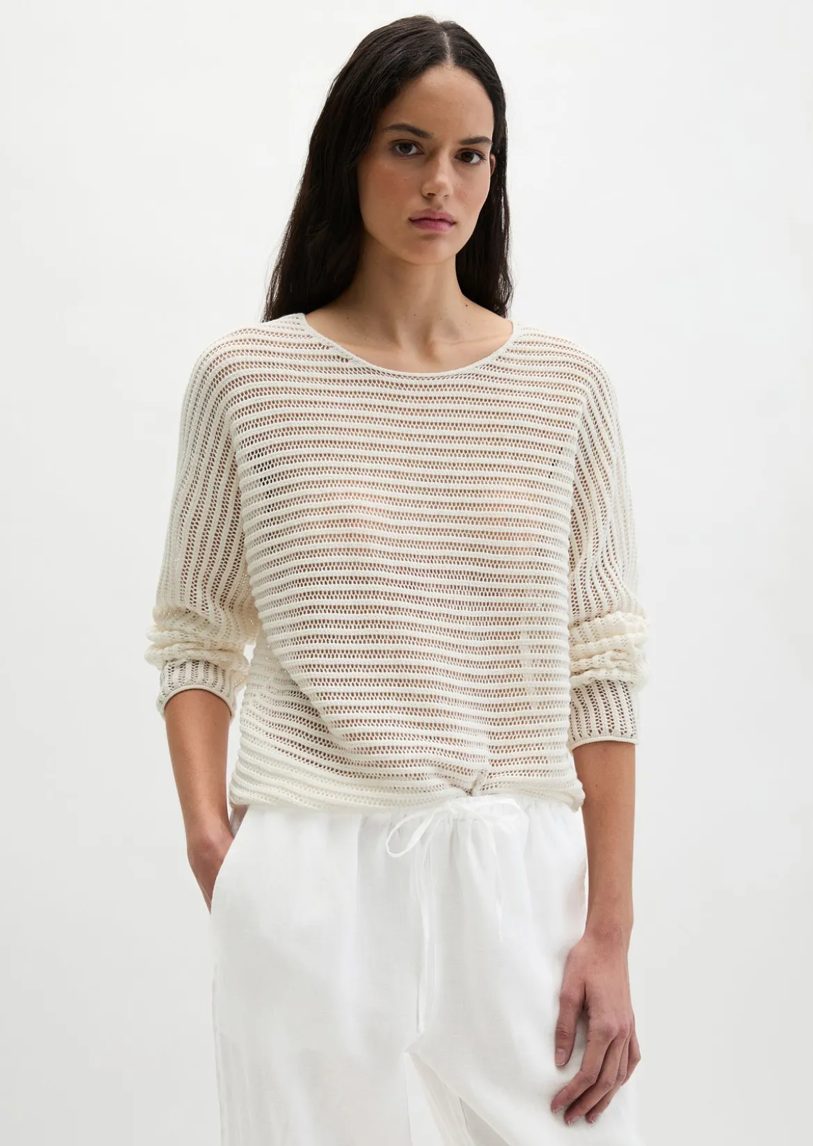 Ajour-Pullover relaxed aus Bio-Baumwolle-Leinen-Mix