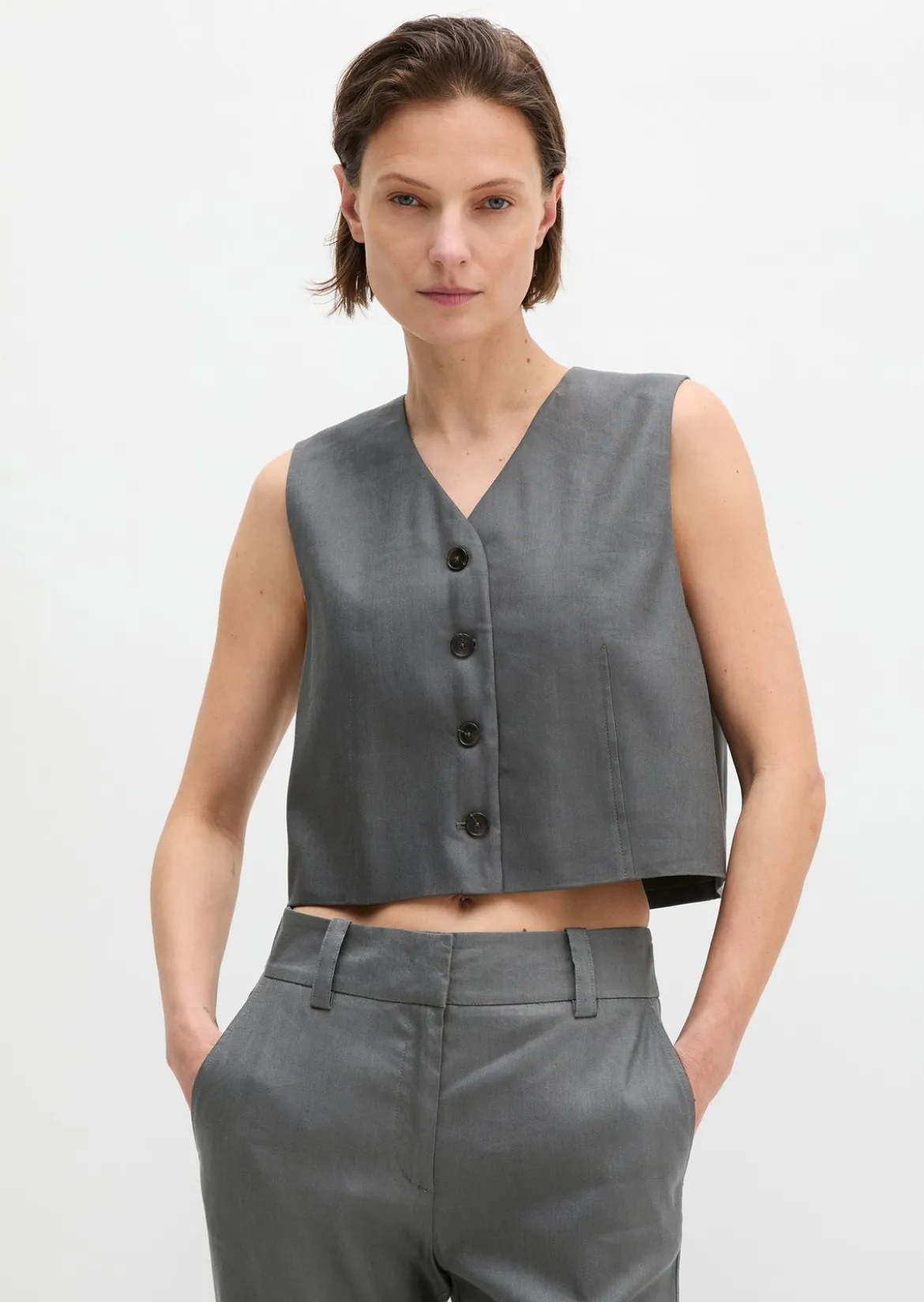 Anzugweste cropped aus Viskose-Leinen-Stretch