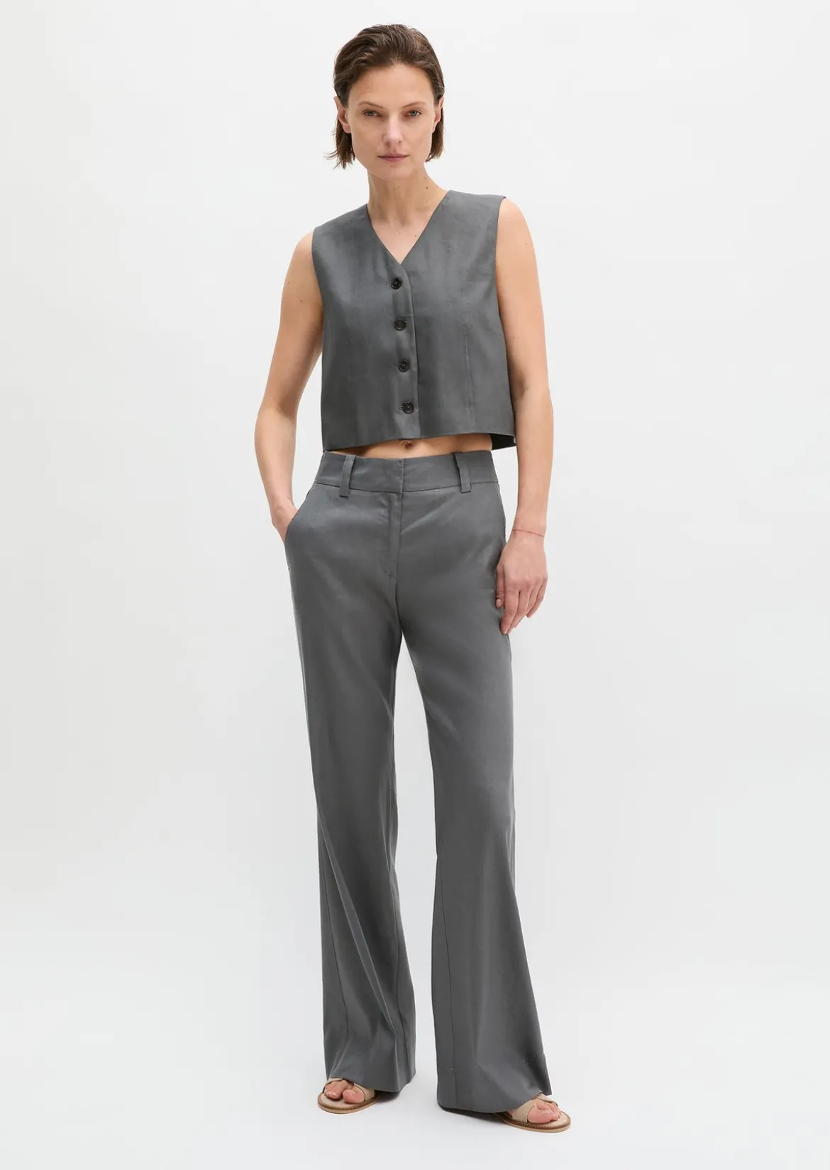 Anzugweste cropped aus Viskose-Leinen-Stretch