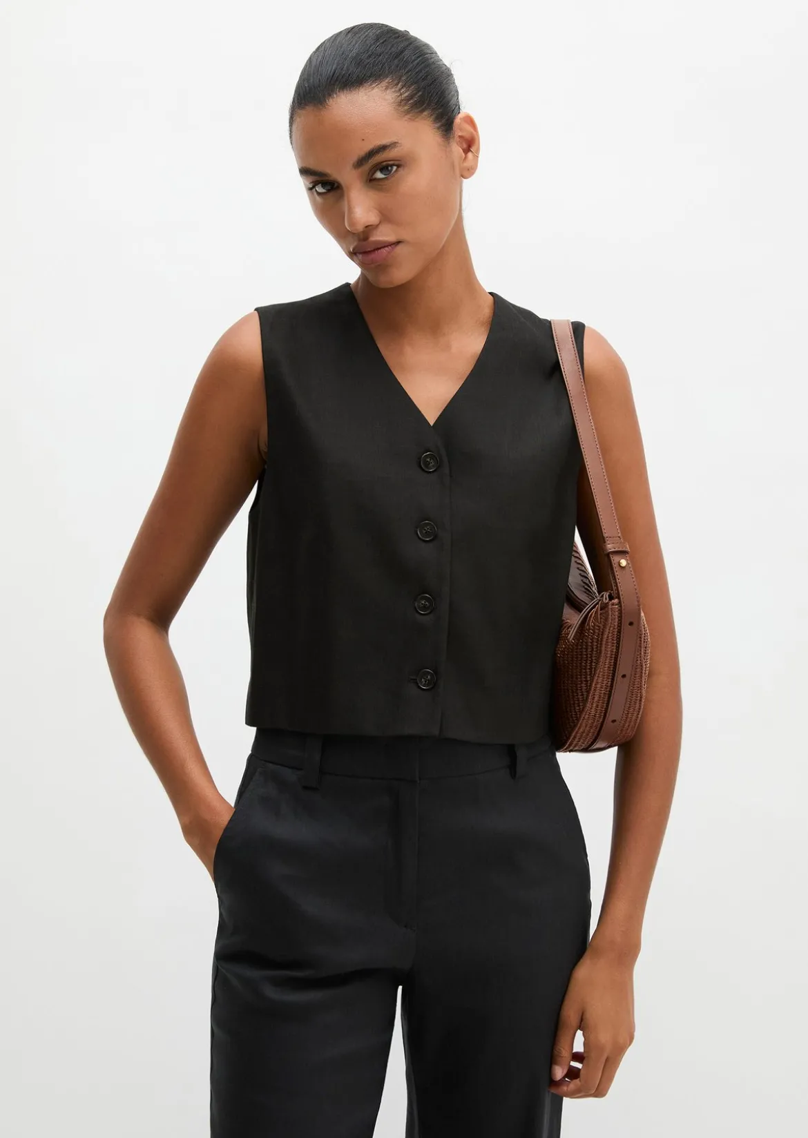 Anzugweste cropped aus Viskose-Leinen-Stretch