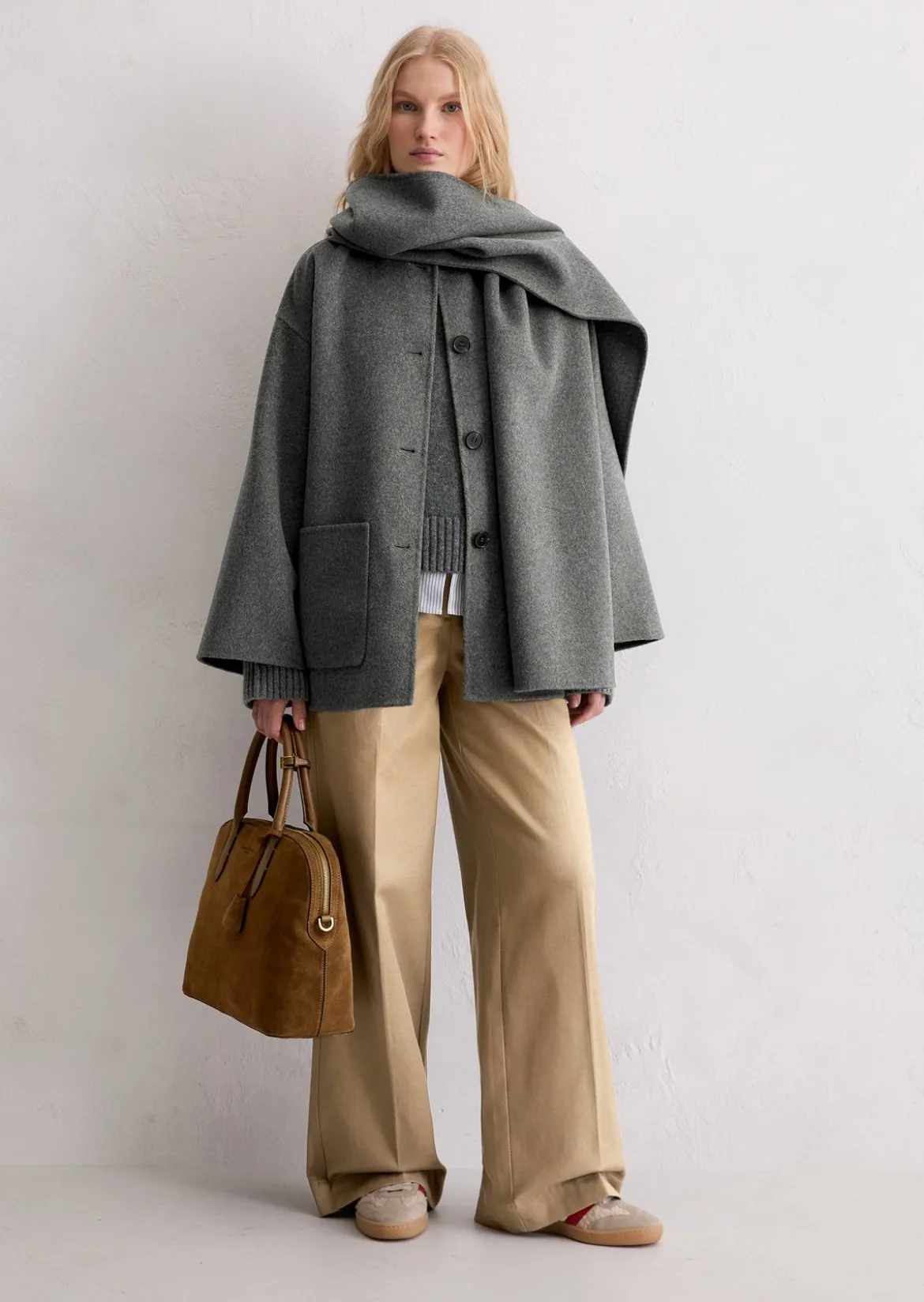 Capejacke mit abnehmbarem Schal relaxed aus Doubleface-Wolle-Mix