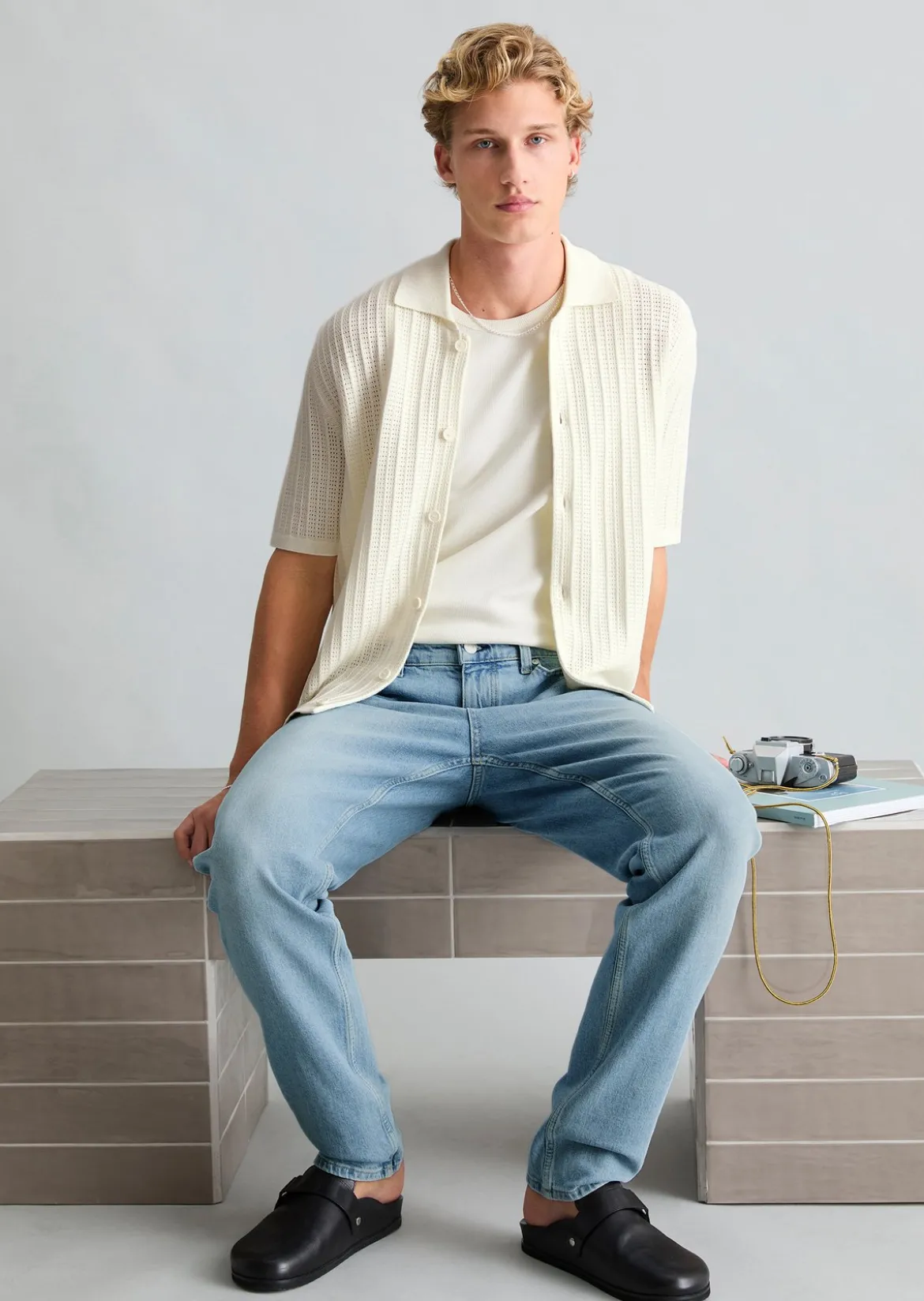 DfC Kurzarm-Strickjacke im Polostil regular mit Lochstruktur