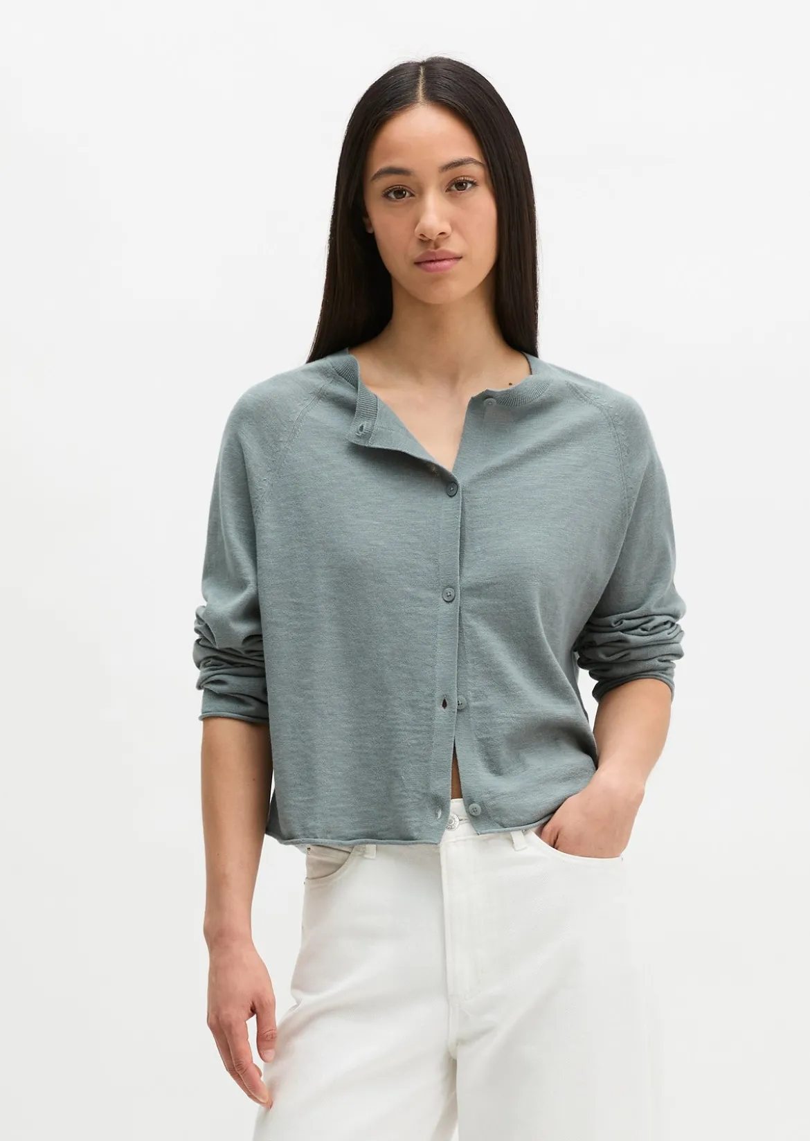 Feinstrick-Cardigan relaxed aus Bio-Baumwolle-Leinen-Mix