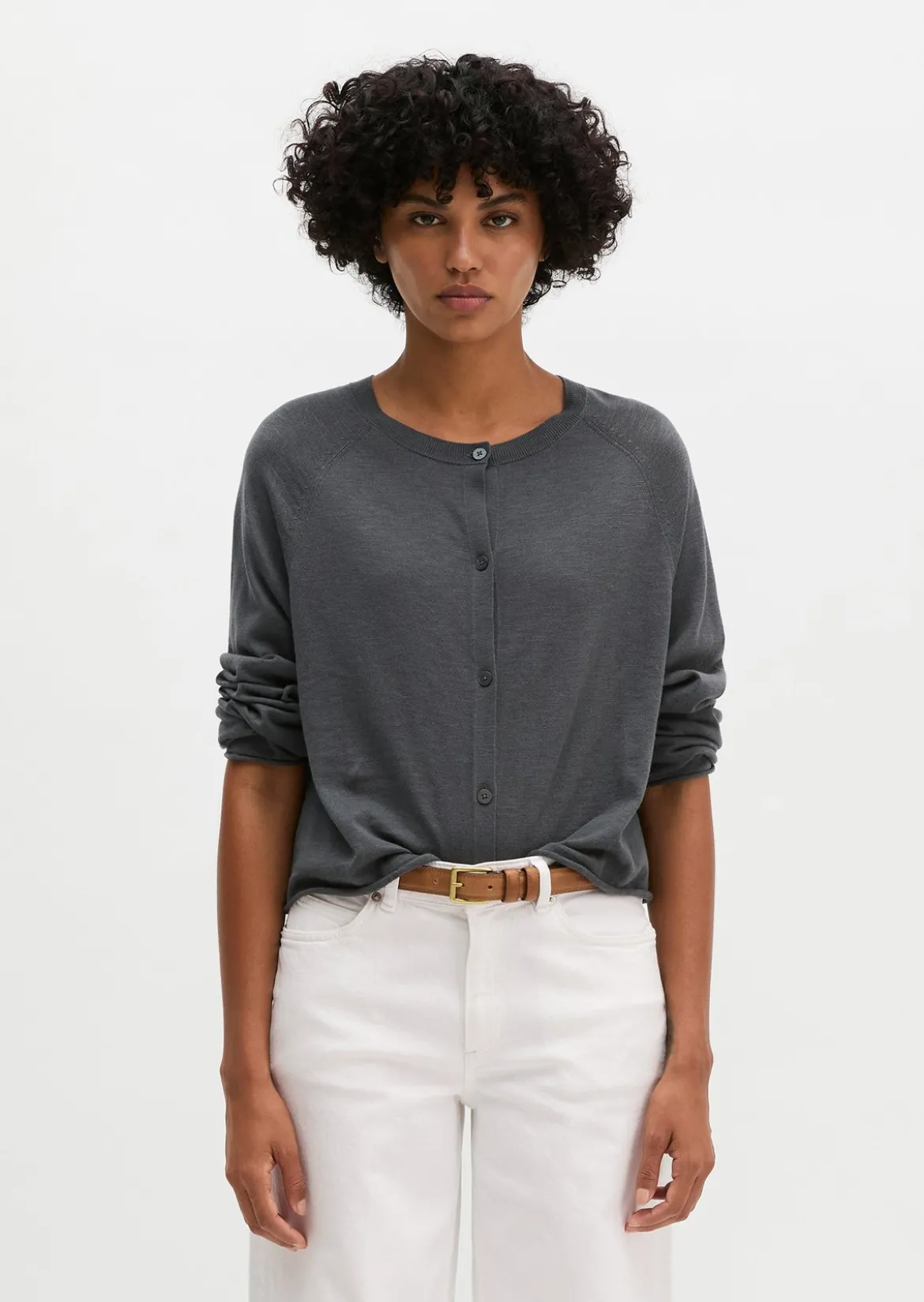 Feinstrick-Cardigan relaxed aus Bio-Baumwolle-Leinen-Mix