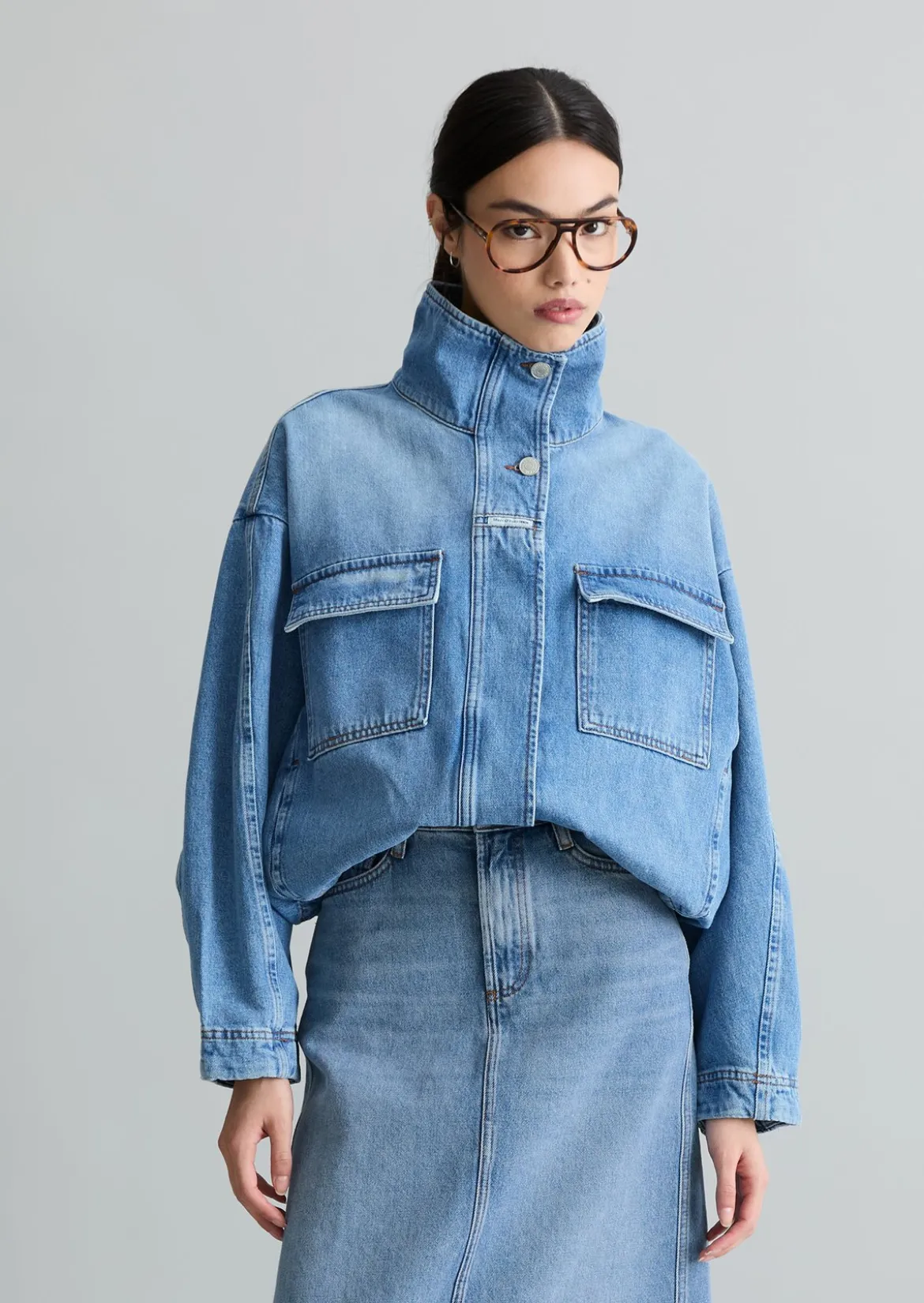 Funnel-Neck-Jeansblouson oversize mit Ananasblattfasern