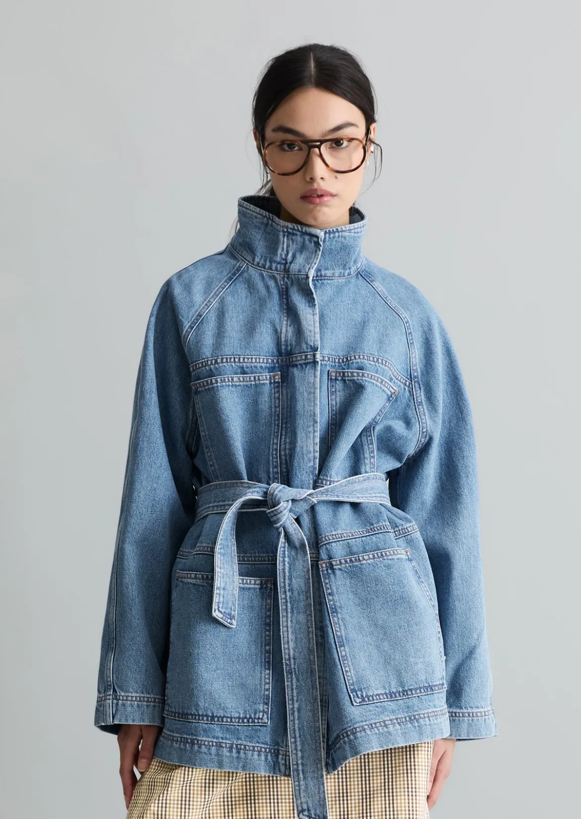 Funnel-Neck-Jeansjacke relaxed mit Ananasblattfasern