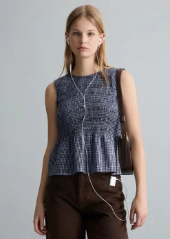 Gesmoktes Seersucker-Peplum-Top slim aus Baumwolle-Mix