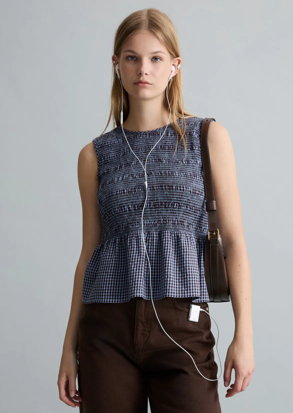 Gesmoktes Seersucker-Peplum-Top slim aus Baumwolle-Mix