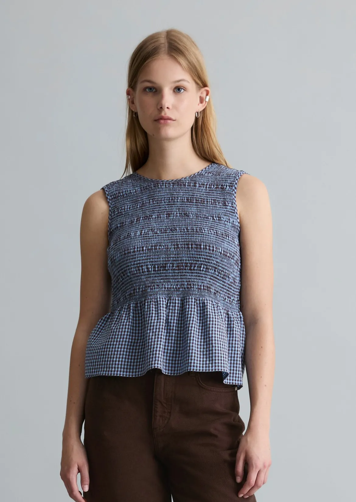 Gesmoktes Seersucker-Peplum-Top slim aus Baumwolle-Mix