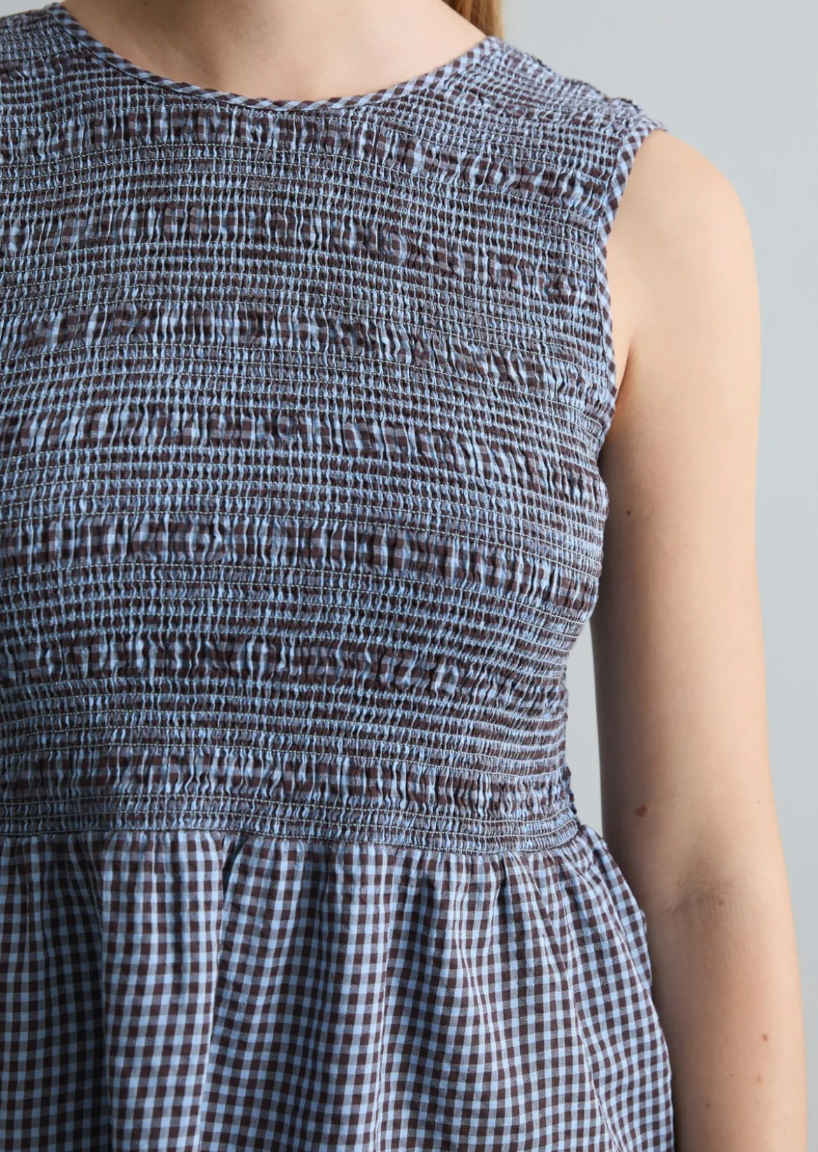 Gesmoktes Seersucker-Peplum-Top slim aus Baumwolle-Mix