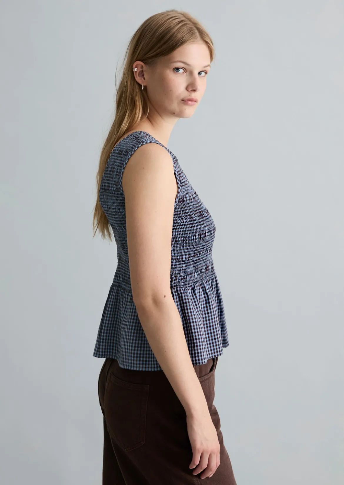Gesmoktes Seersucker-Peplum-Top slim aus Baumwolle-Mix