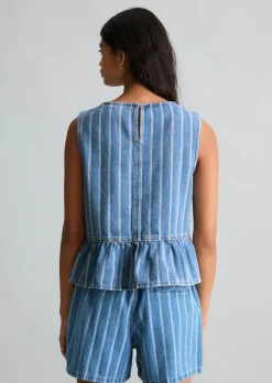 Gestreifte Jeans-Volant-Bluse relaxed aus reinem Organic Cotton