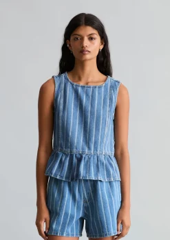 Gestreifte Jeans-Volant-Bluse relaxed aus reinem Organic Cotton