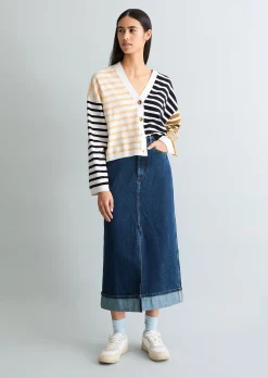 Gestreifter V-Neck-Cardigan relaxed aus Soft Cotton Stretch