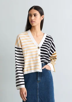 Gestreifter V-Neck-Cardigan relaxed aus Soft Cotton Stretch