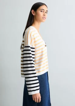 Gestreifter V-Neck-Cardigan relaxed aus Soft Cotton Stretch
