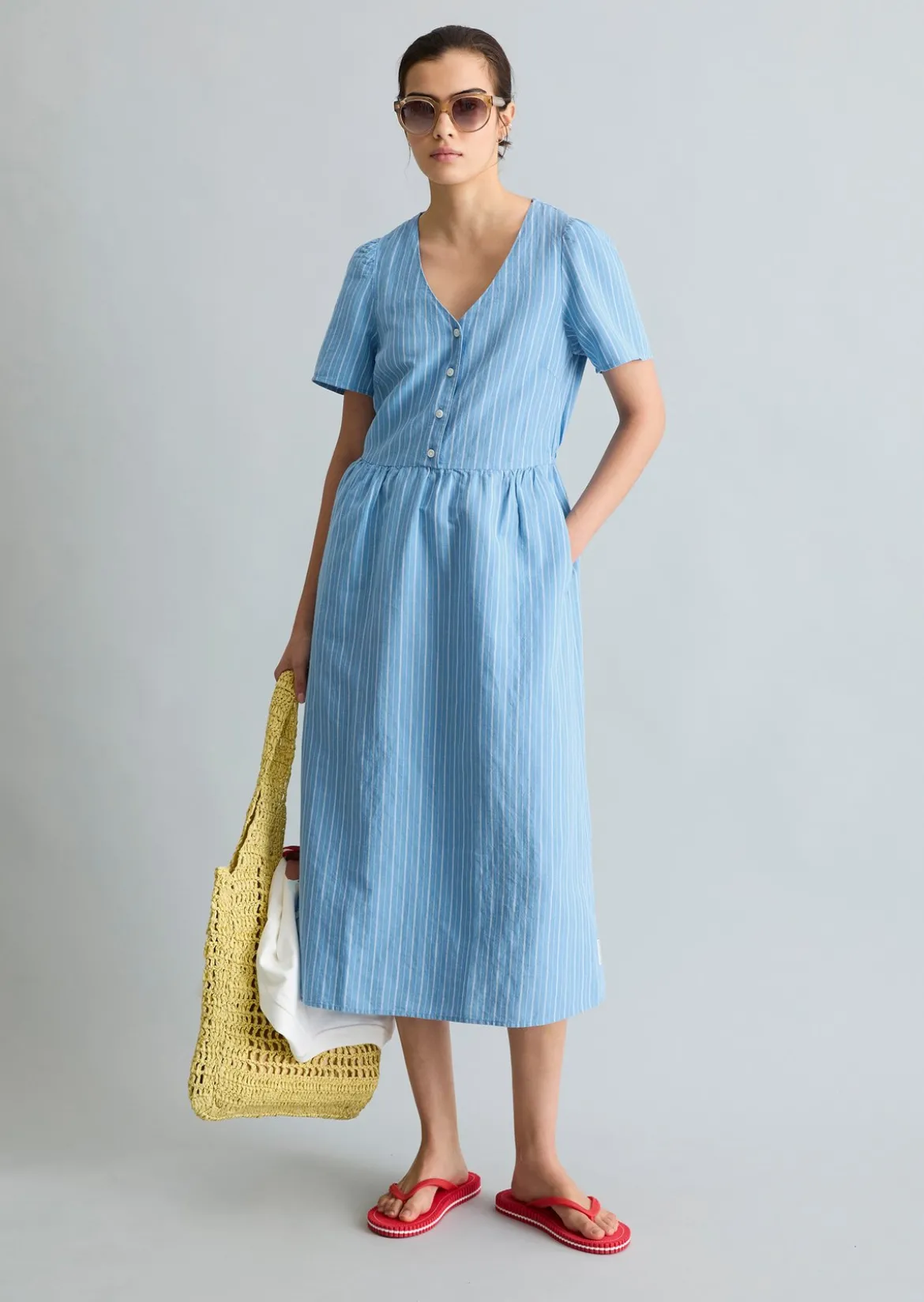 Gestreiftes Kleid regular aus Leinen-Baumwolle-Mix