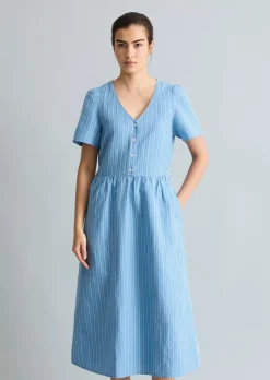 Gestreiftes Kleid regular aus Leinen-Baumwolle-Mix
