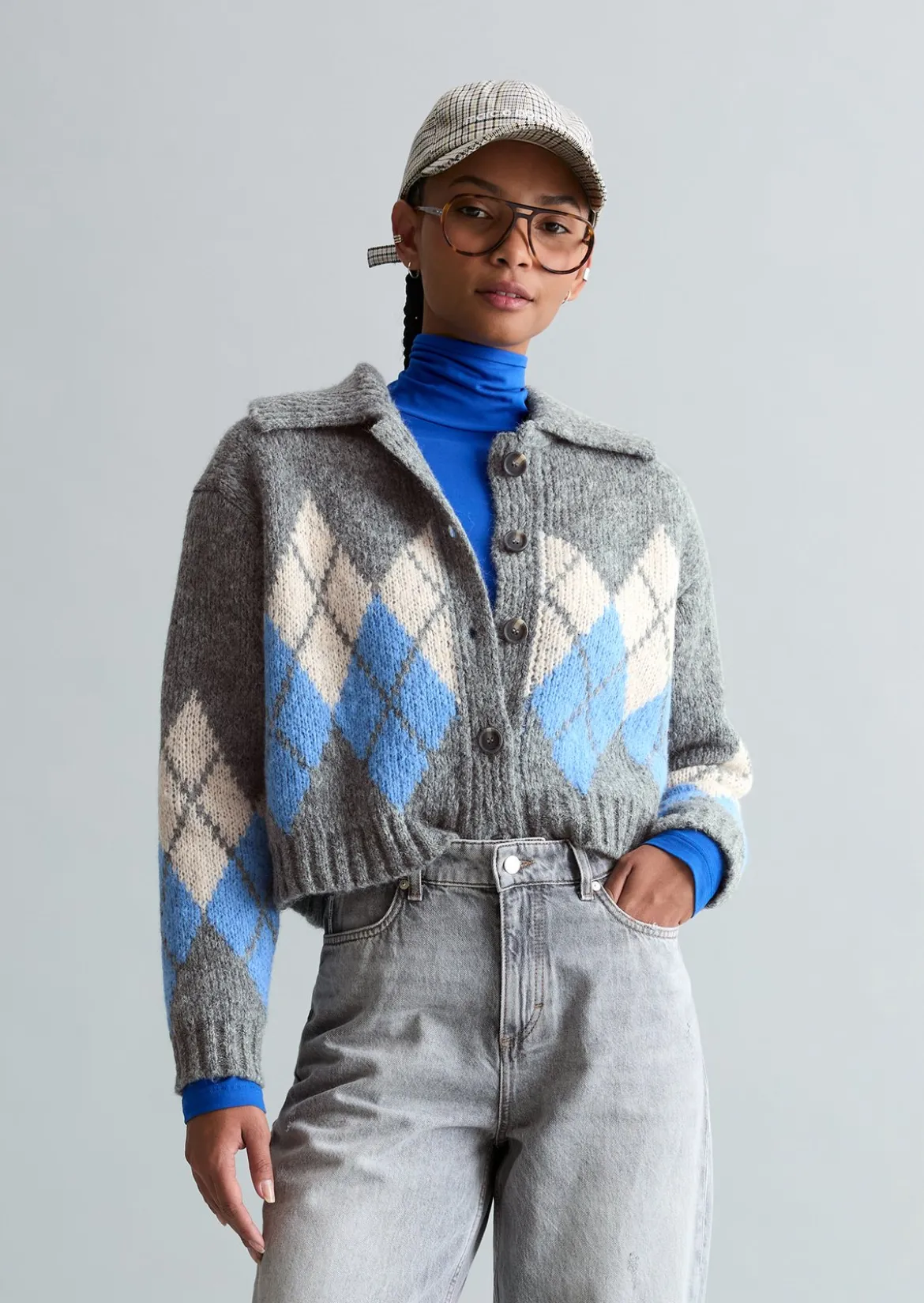 Jacquard-Cardigan cropped mit flauschiger Alpakawolle