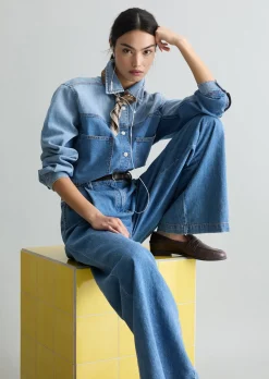 Jeansbluse in Patwork-Optik relaxed mit Ananasblattfasern