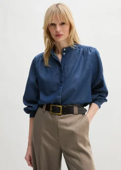 Jeansbluse loose aus Leinen-Mix