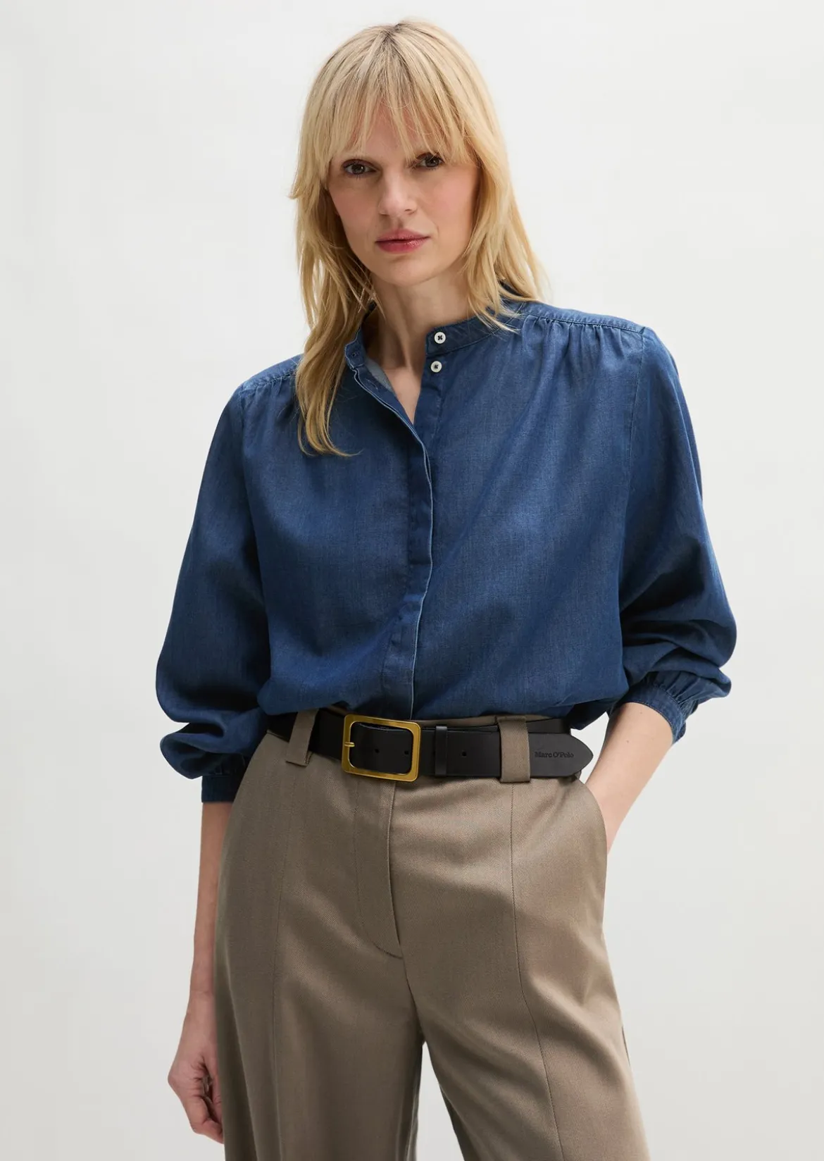 Jeansbluse loose aus Leinen-Mix