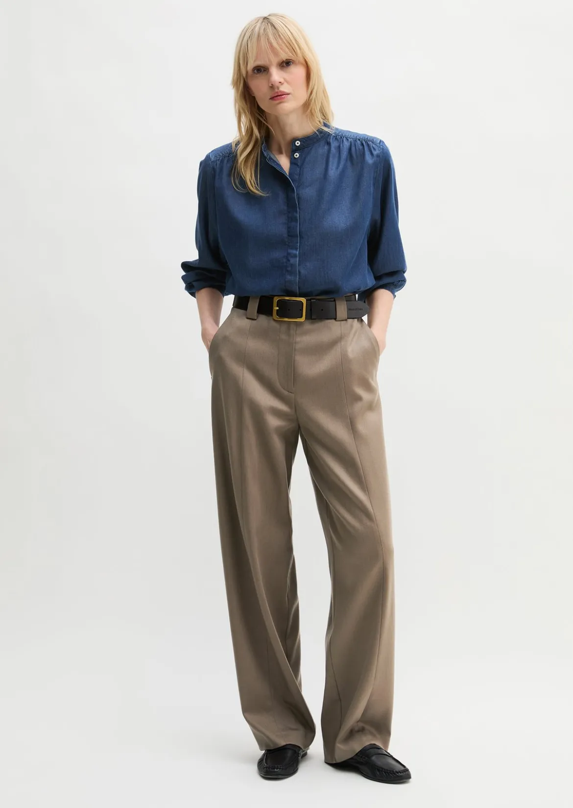 Jeansbluse loose aus Leinen-Mix