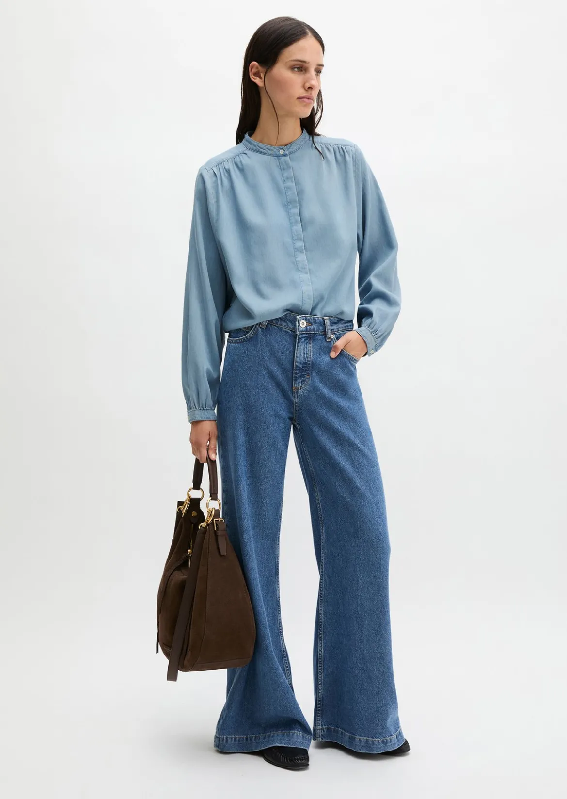 Jeansbluse loose aus Leinen-Mix