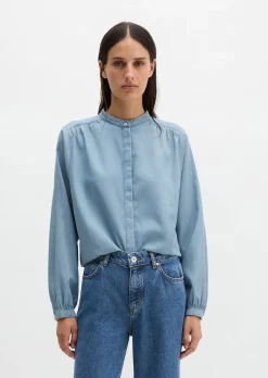 Jeansbluse loose aus Leinen-Mix