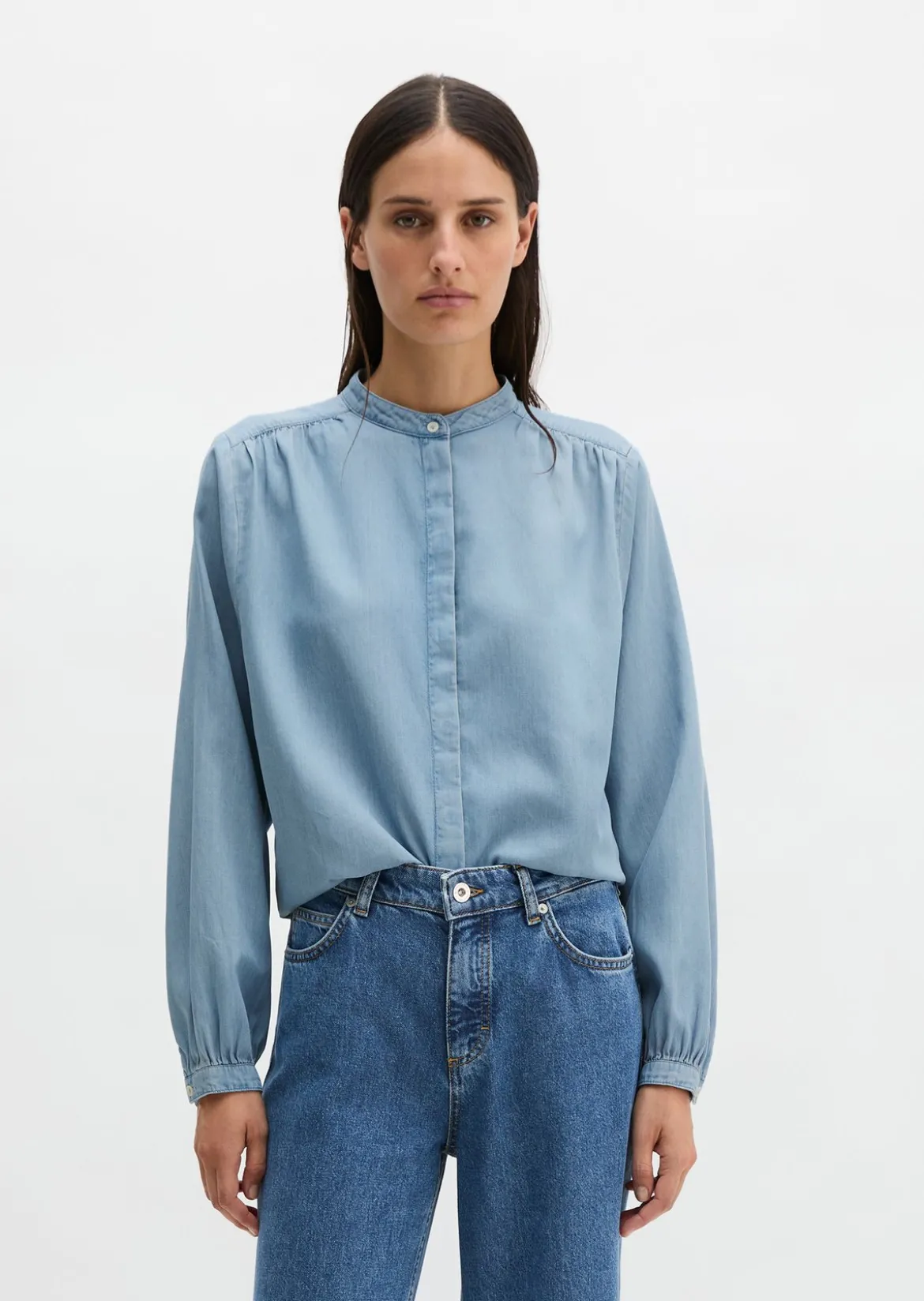 Jeansbluse loose aus Leinen-Mix