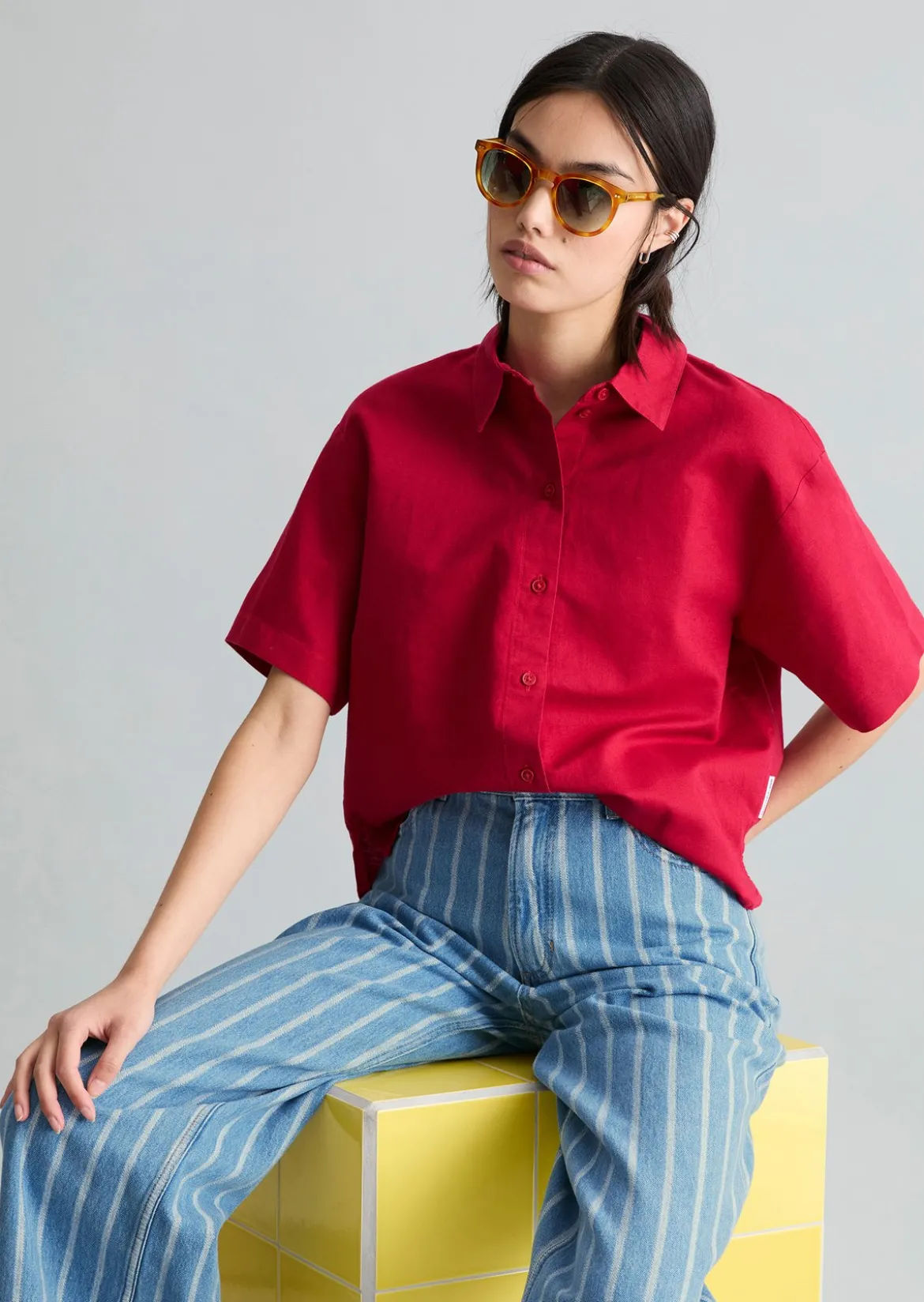Kurzarm-Bluse relaxed aus Leinen-Baumwolle-Mix