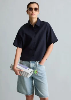 Kurzarm-Bluse relaxed aus Leinen-Baumwolle-Mix