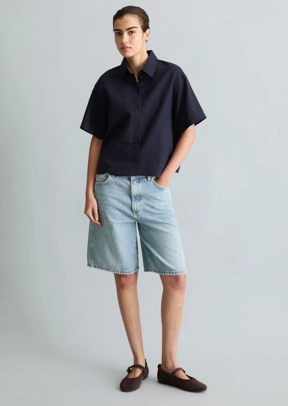 Kurzarm-Bluse relaxed aus Leinen-Baumwolle-Mix