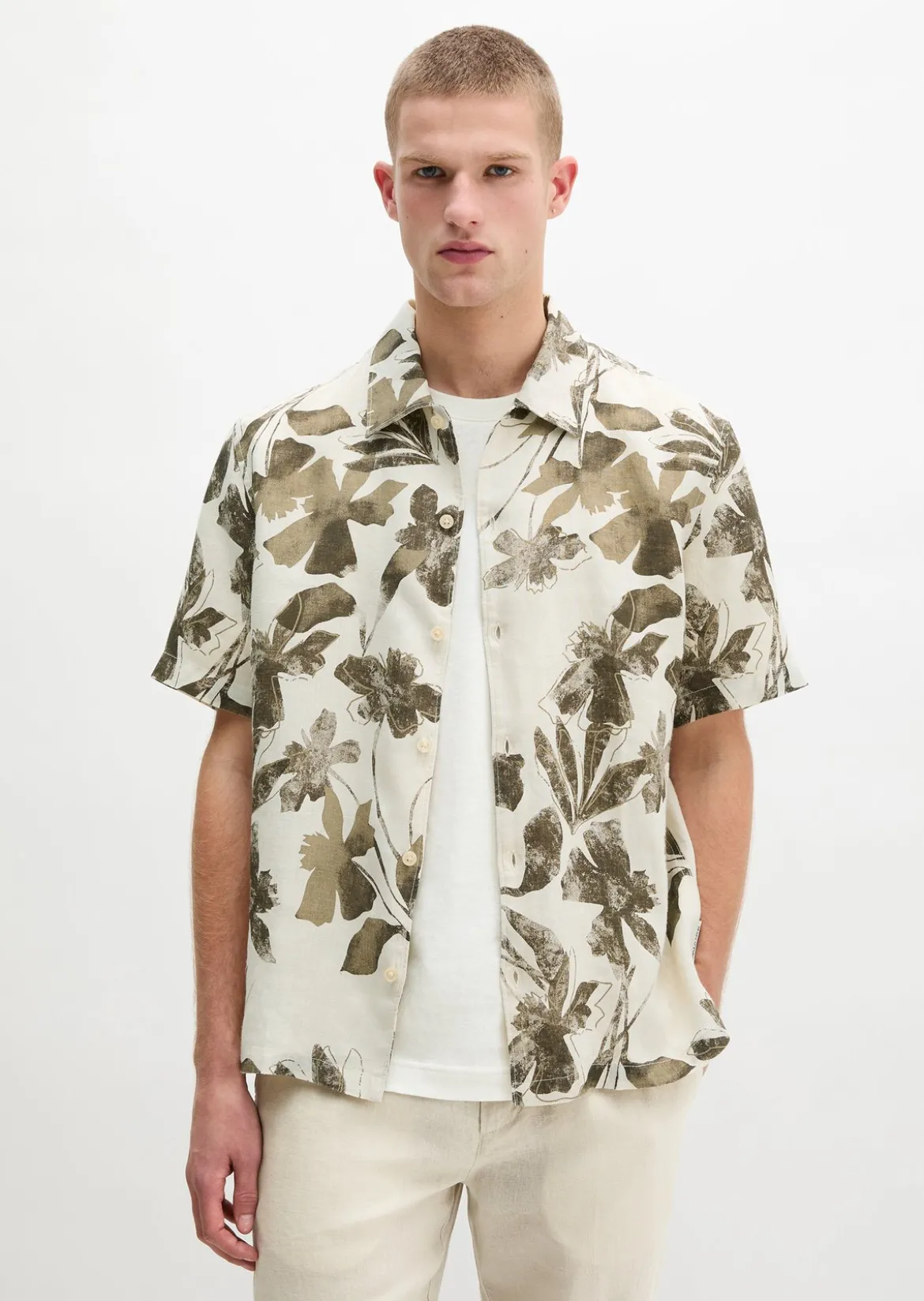Kurzarm-Leinenhemd regular mit Allover-Print