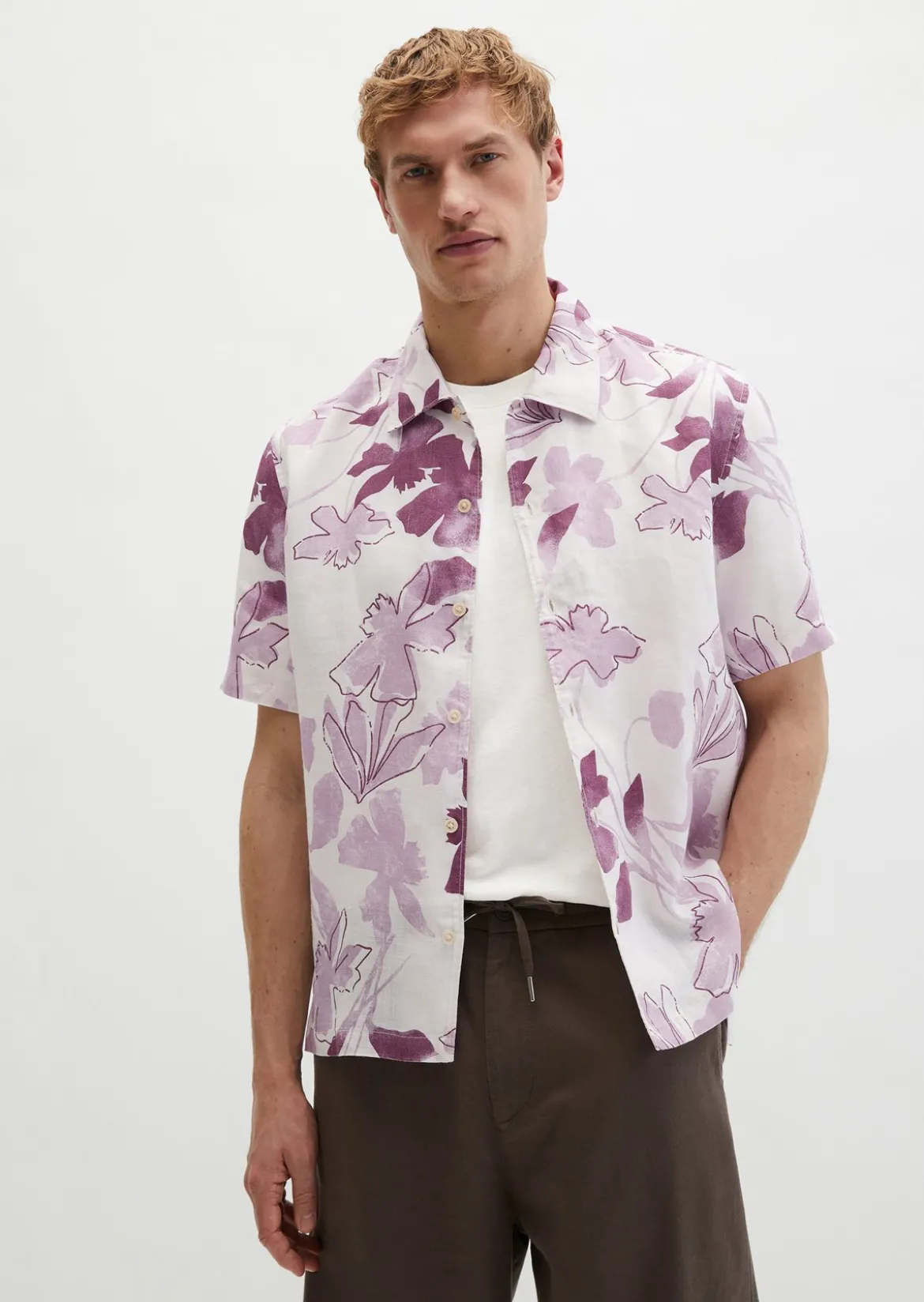 Kurzarm-Leinenhemd regular mit Allover-Print
