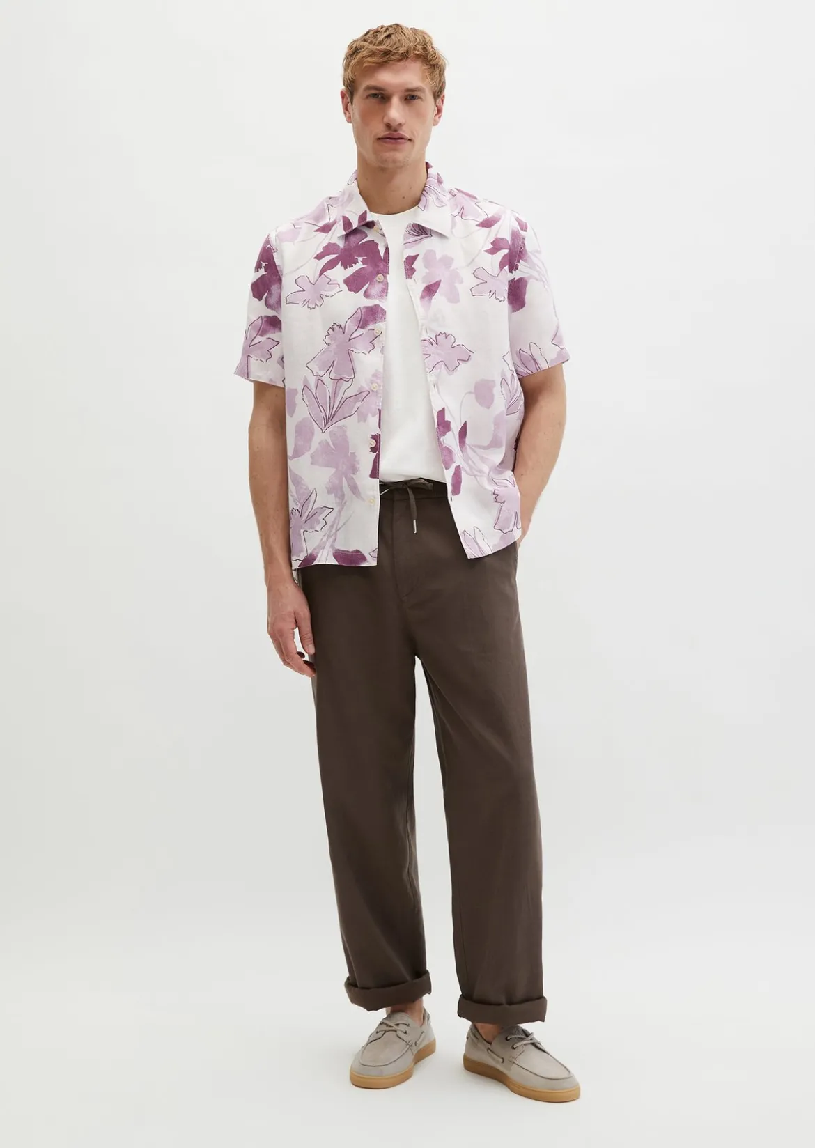 Kurzarm-Leinenhemd regular mit Allover-Print