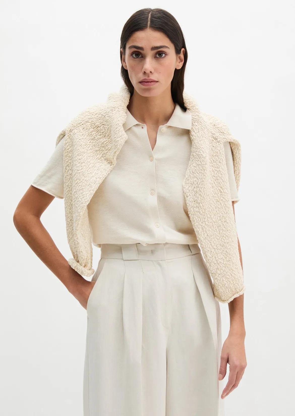 Kurzarm-Polo-Cardigan regular aus Organic Cotton-Leinen-Mix