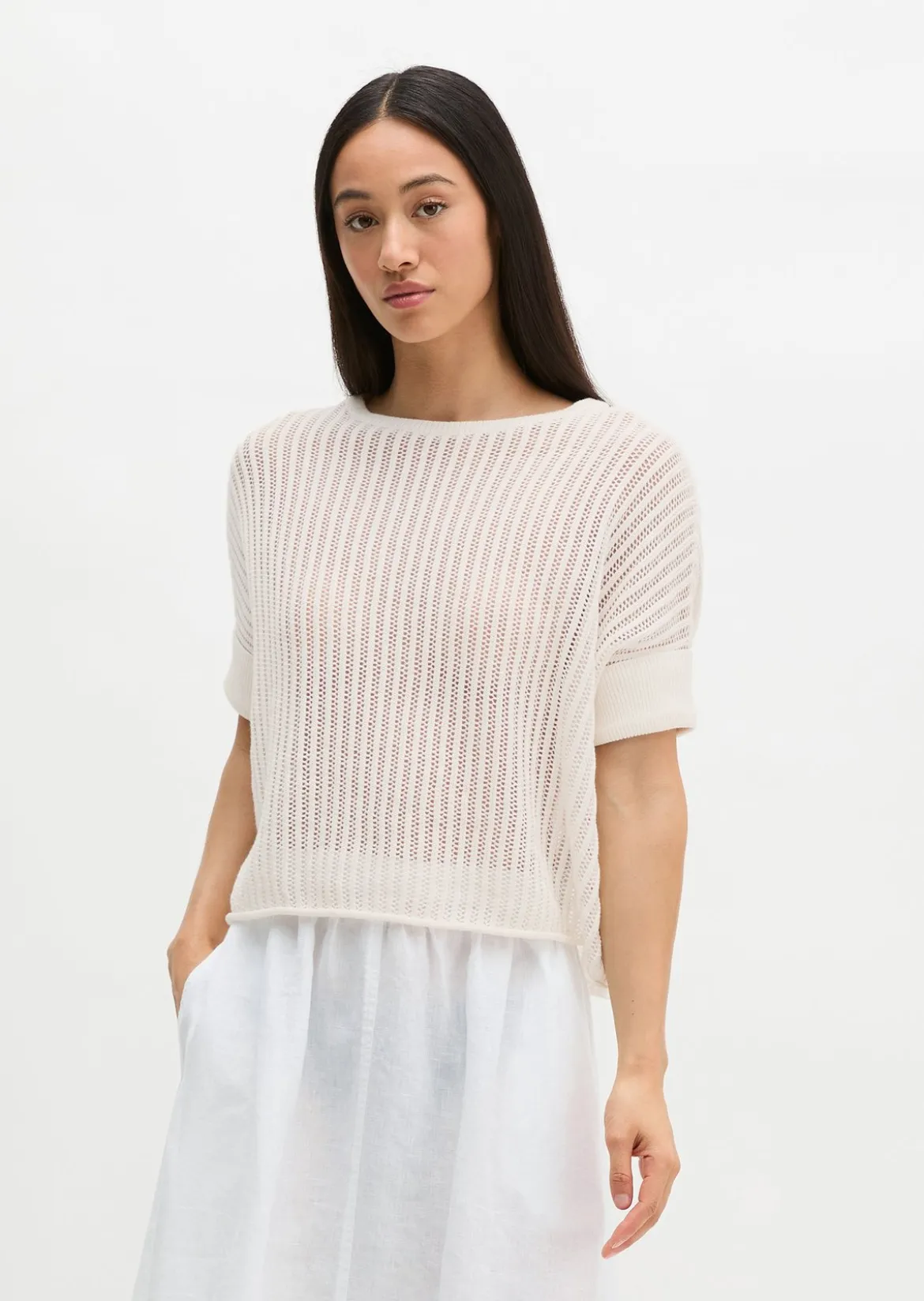 Kurzarm-Strickpullover boxy aus Organic Cotton-Leinen-Mix