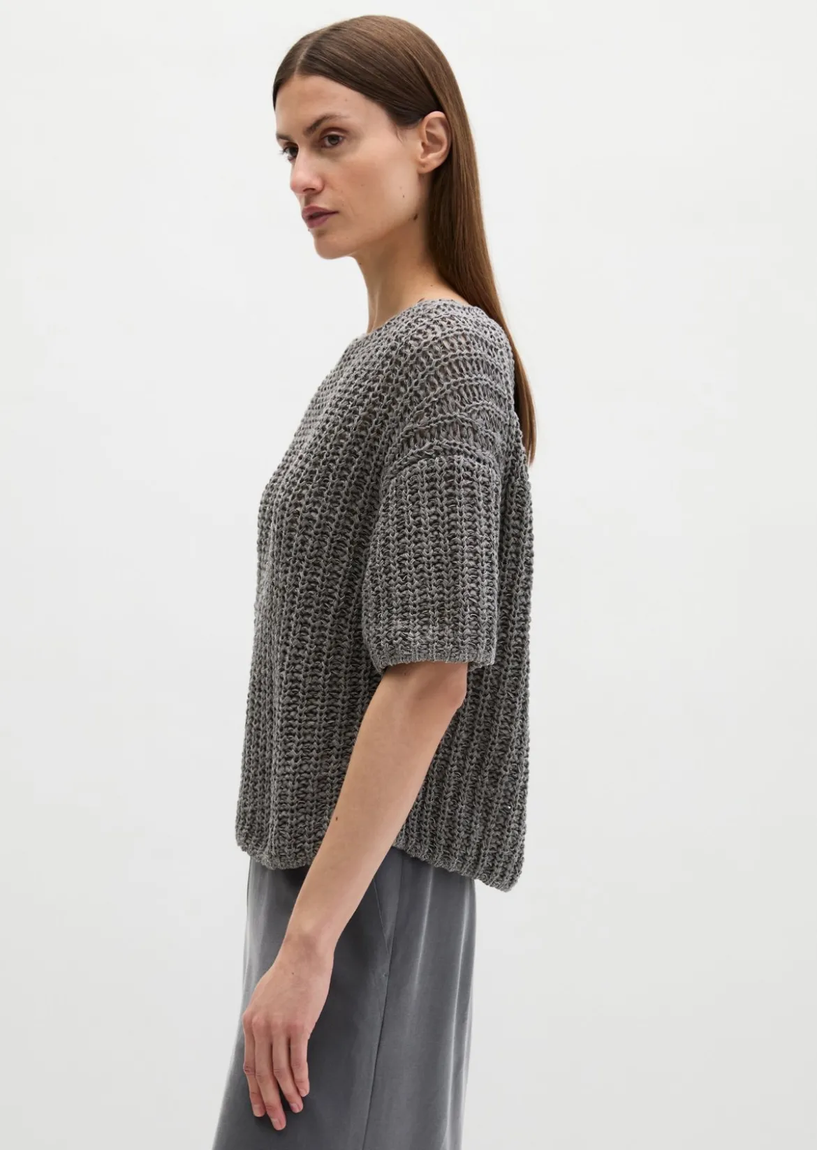 Kurzarm-Strickpullover boxy aus Bändchengarn