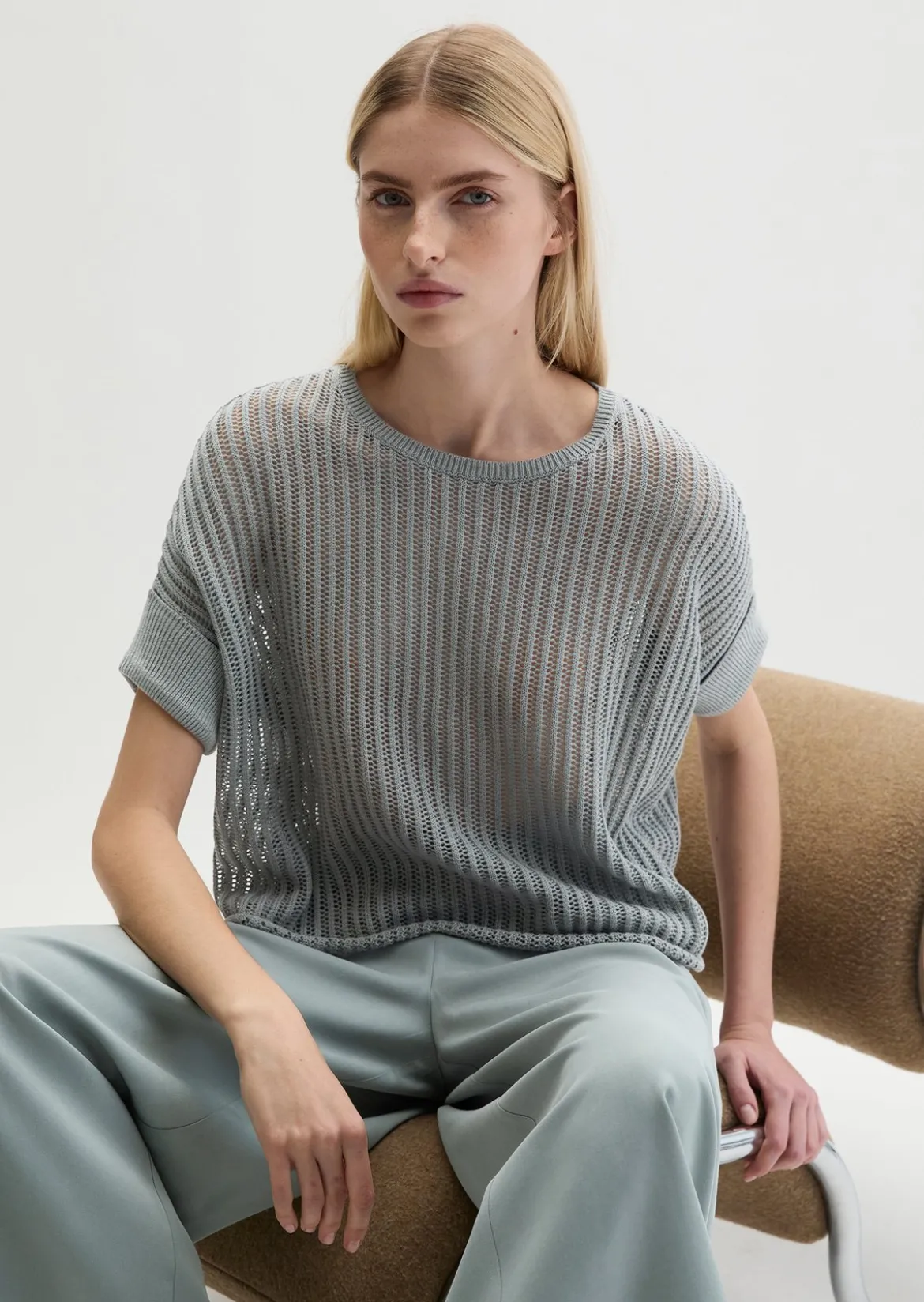 Kurzarm-Strickpullover boxy aus Organic Cotton-Leinen-Mix