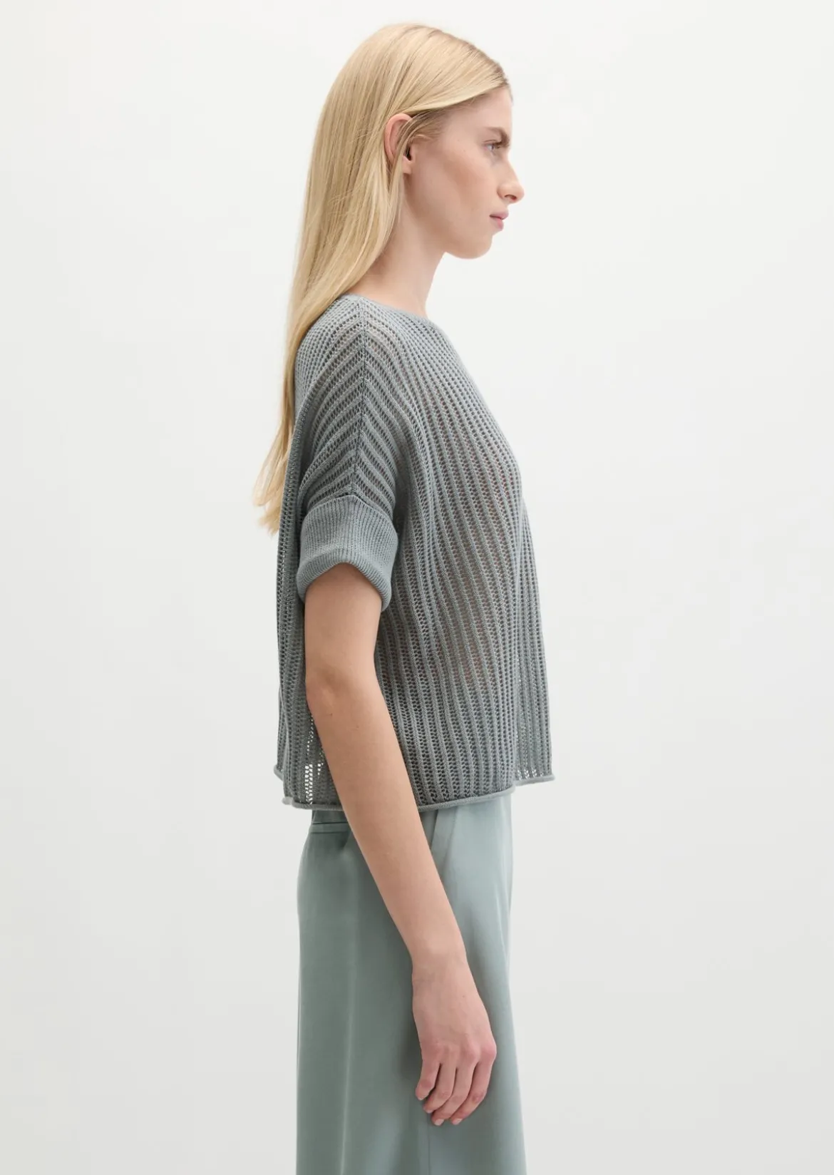 Kurzarm-Strickpullover boxy aus Organic Cotton-Leinen-Mix