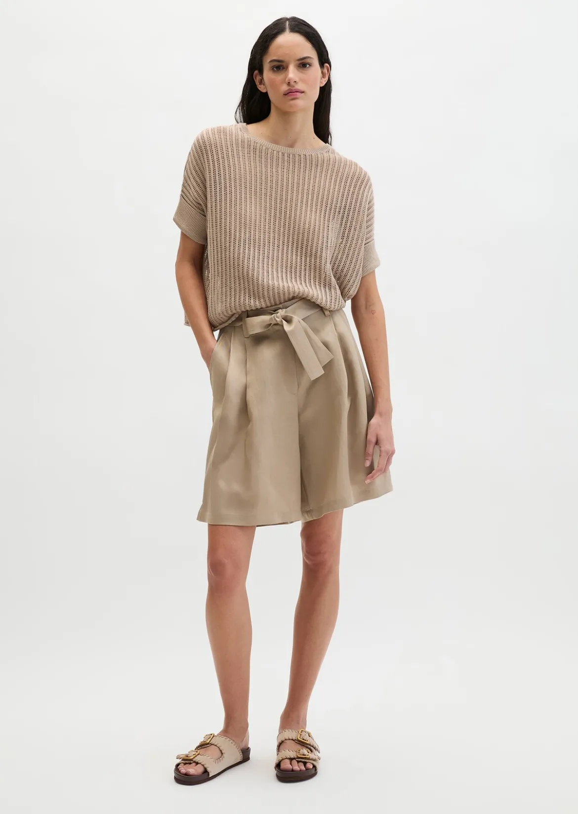 Kurzarm-Strickpullover boxy aus Organic Cotton-Leinen-Mix