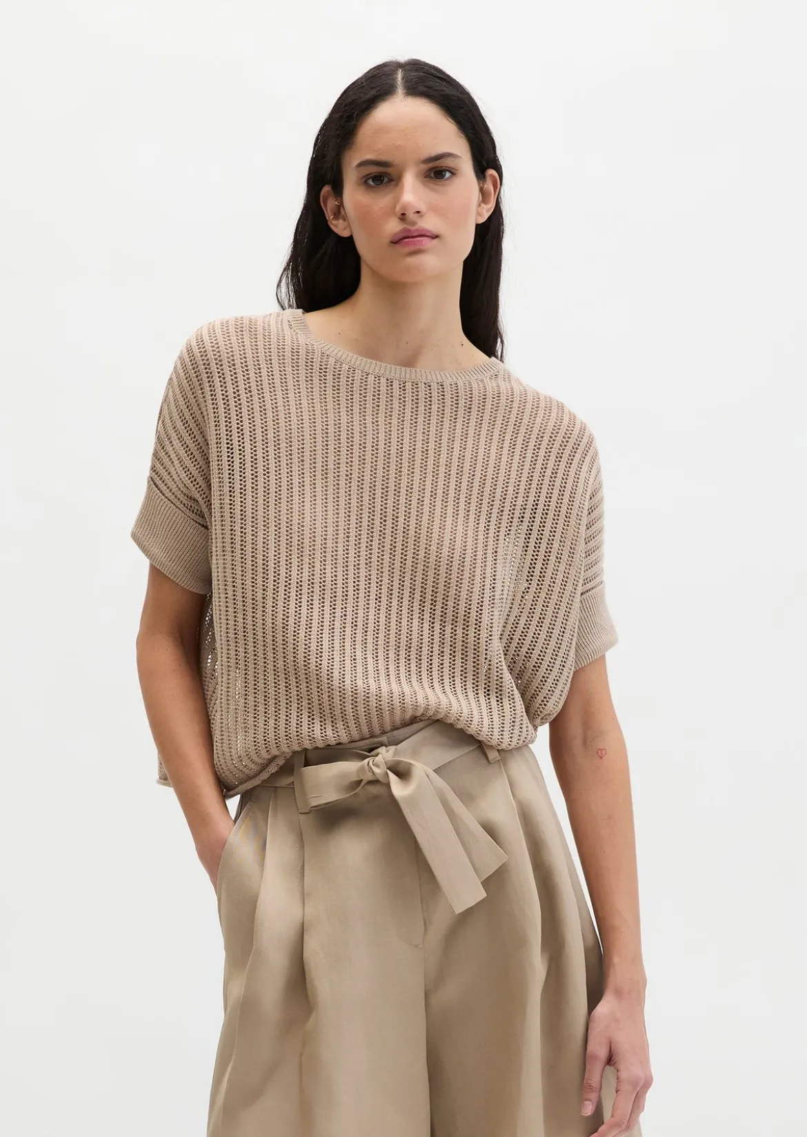 Kurzarm-Strickpullover boxy aus Organic Cotton-Leinen-Mix