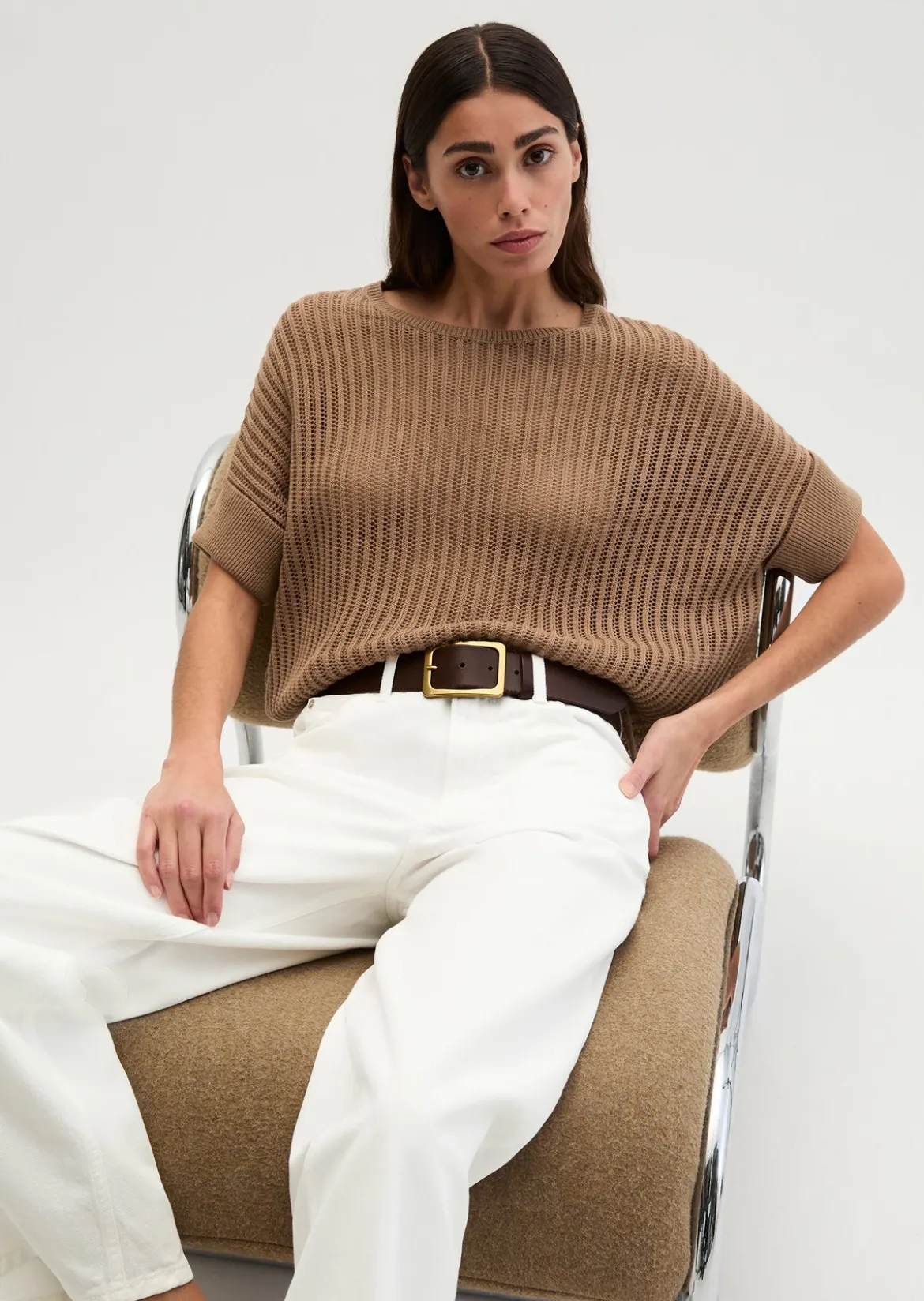 Kurzarm-Strickpullover boxy aus Organic Cotton-Leinen-Mix