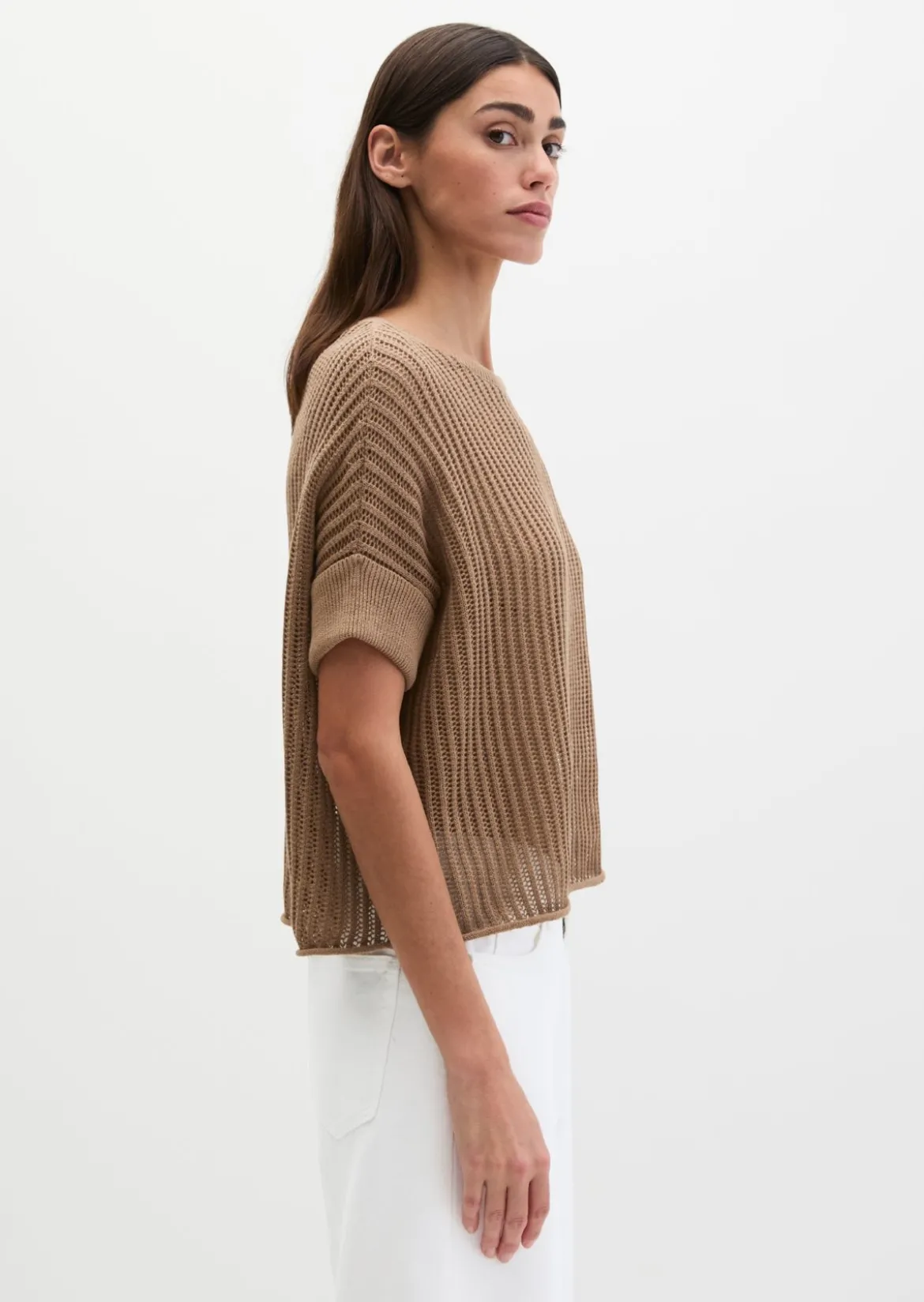 Kurzarm-Strickpullover boxy aus Organic Cotton-Leinen-Mix